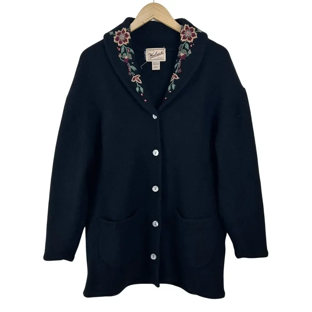 Vintage Woolrich Wool Coat Cardigan Sweater Embroidered Collar‎ Women's Medium